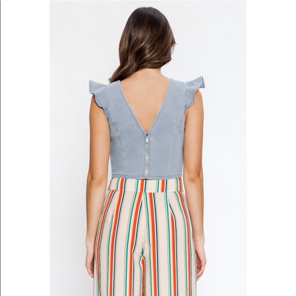 Denim Ruffle Sleeve Crop Top - Picture 3 of 8